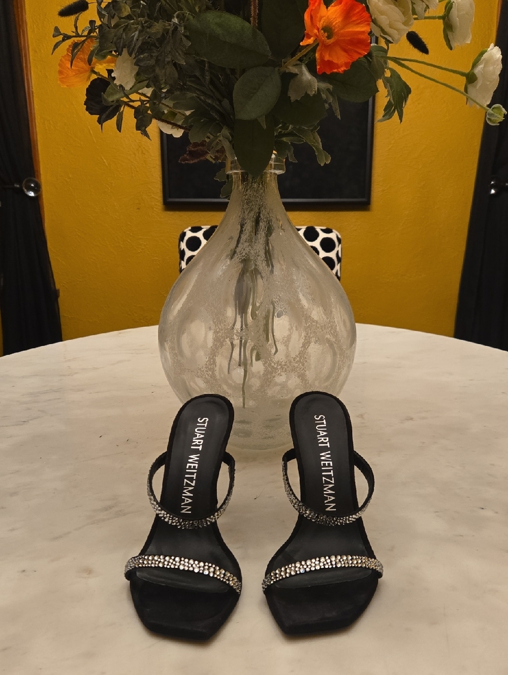 Stuart Weitzman Black Crystal-Embellished Slide Heels